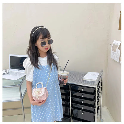 Sweet Cute Bow Children's Shoulder Bag Pearl Handle Baby Girls Small Crossbody Bags Lovely Princess Accessories Purse Handbags