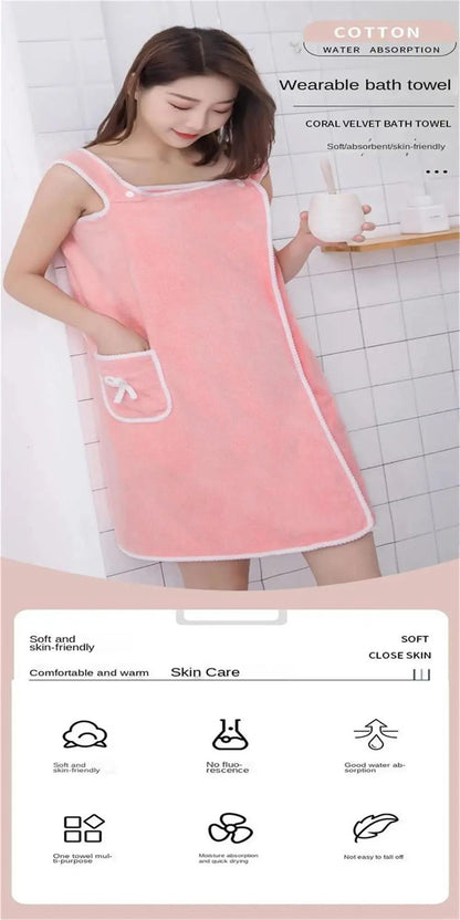 Women's Bathrobe Coral Velvet Bath Skirt Soft Absorbent Thickened with Edging Adult Women Chest Wrapped Wearable Bath Towel