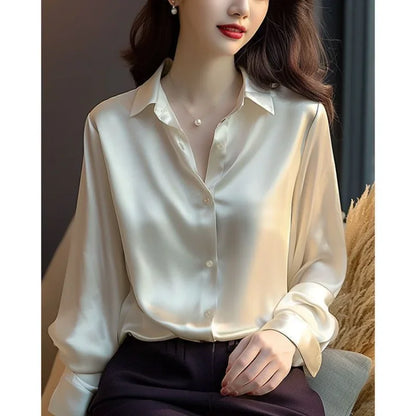 Spring Autumn Women's Solid Polo-Neck Blouses Button Up Elegant Loose Long Sleeve Clothes Office Ladies French Black Shirt Tops