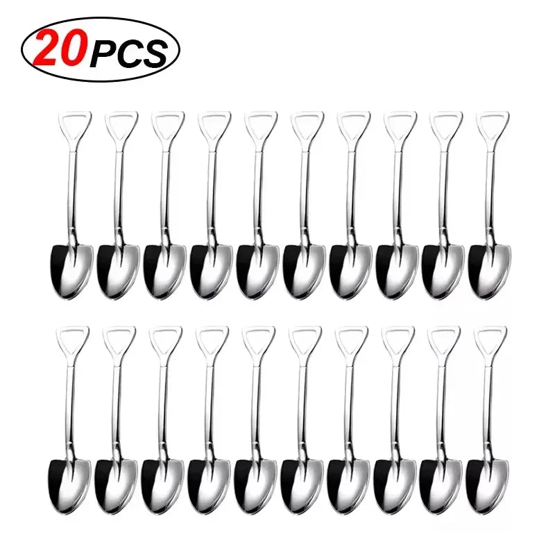 20/2x Stainless Steel Shovel Spoons Gold Silver Mini Coffee Teaspoon Fruit Ice Cream Dessert Spoon Scoops Kitchen Tableware Set