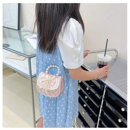Sweet Cute Bow Children's Shoulder Bag Pearl Handle Baby Girls Small Crossbody Bags Lovely Princess Accessories Purse Handbags