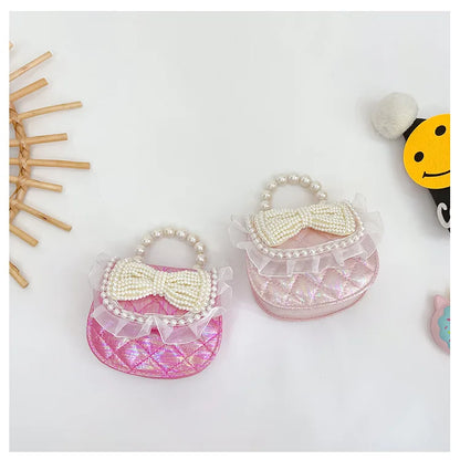 Sweet Cute Bow Children's Shoulder Bag Pearl Handle Baby Girls Small Crossbody Bags Lovely Princess Accessories Purse Handbags