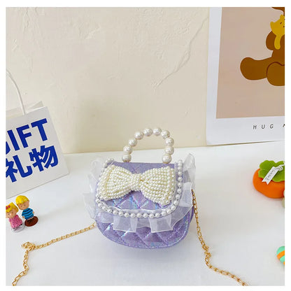 Sweet Cute Bow Children's Shoulder Bag Pearl Handle Baby Girls Small Crossbody Bags Lovely Princess Accessories Purse Handbags