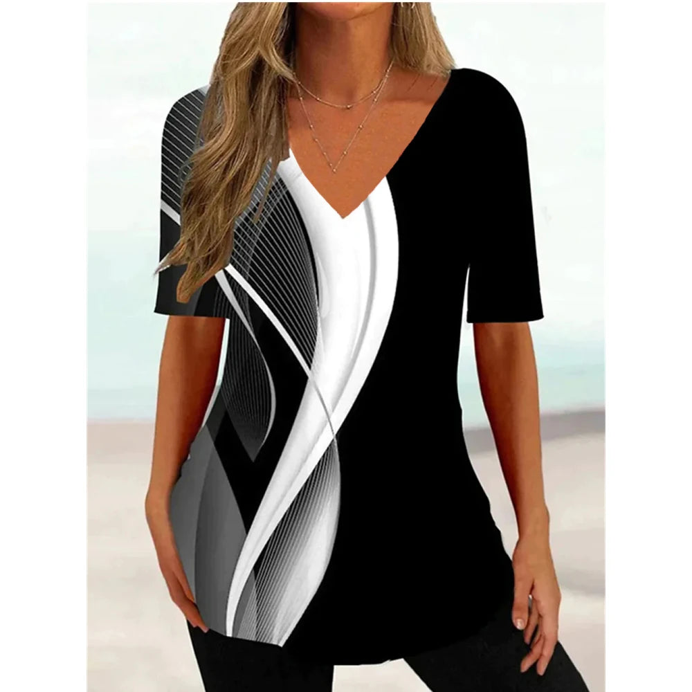 Women's T Shirt Stripe Gradient Relaxed Ladies Clothes Blouse V-Neck Fashion Short Sleeve Tees Female Oversized Sweatshirt Loose