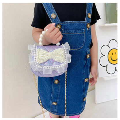 Sweet Cute Bow Children's Shoulder Bag Pearl Handle Baby Girls Small Crossbody Bags Lovely Princess Accessories Purse Handbags