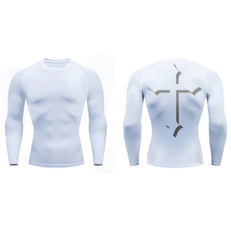 2025Cross Print Compression Shirt for Men Christian Sporty Quick Dry Tshirt Tees Tops Gym Workout Fitness Undershirts Baselayers