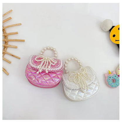 Sweet Cute Bow Children's Shoulder Bag Pearl Handle Baby Girls Small Crossbody Bags Lovely Princess Accessories Purse Handbags