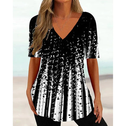 Women's T Shirt Stripe Gradient Relaxed Ladies Clothes Blouse V-Neck Fashion Short Sleeve Tees Female Oversized Sweatshirt Loose