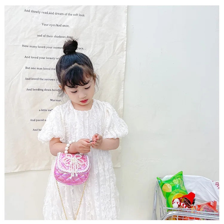 Sweet Cute Bow Children's Shoulder Bag Pearl Handle Baby Girls Small Crossbody Bags Lovely Princess Accessories Purse Handbags