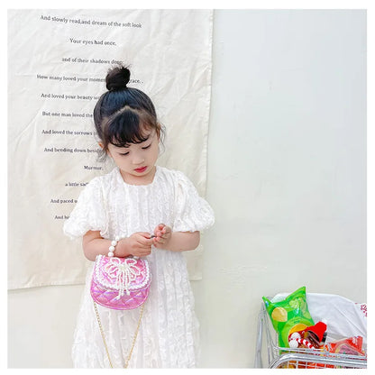 Sweet Cute Bow Children's Shoulder Bag Pearl Handle Baby Girls Small Crossbody Bags Lovely Princess Accessories Purse Handbags