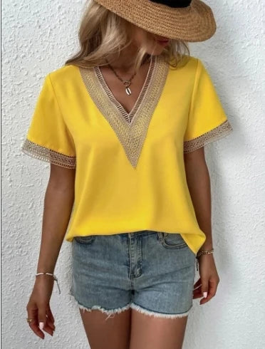 Women's Blouses Spring Summer Latest 2025 V-Neck Lace Casual Solid Color Shirt Short Sleeved T-Shirt Loose Fit Top Pullover