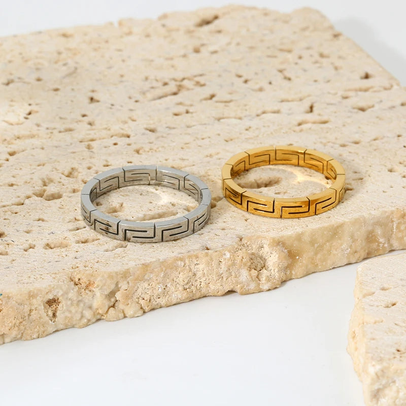 Korean Style Simple Geometric Lattice Stackable Rings 18K Gold Plated Stainless Steel Band Ring Waterproof Jewelry Gift