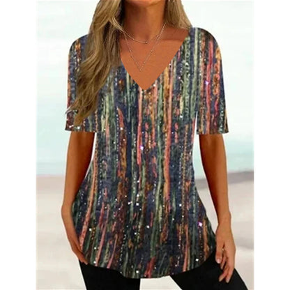 Women's T Shirt Stripe Gradient Relaxed Ladies Clothes Blouse V-Neck Fashion Short Sleeve Tees Female Oversized Sweatshirt Loose