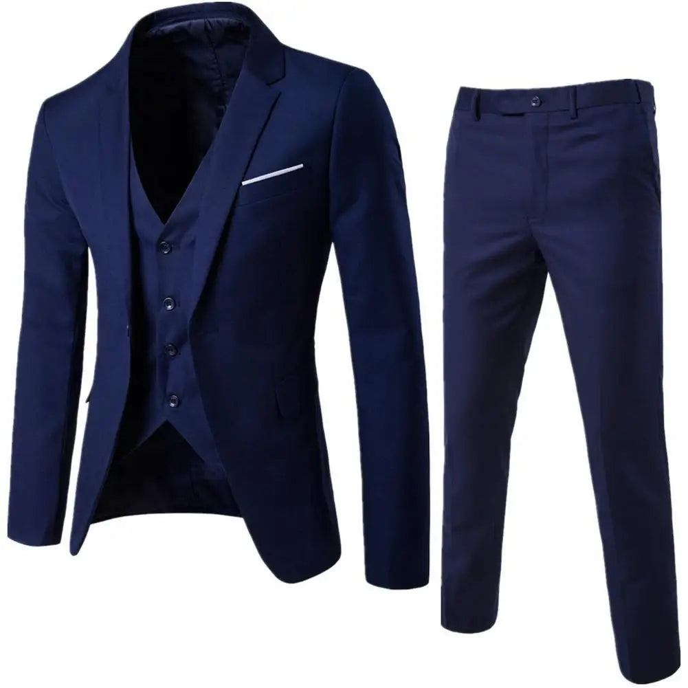 Men Three-piece Suit Men's Formal Business Style Slim Fit Wedding Suit Set with Silky Smooth Anti-wrinkle Fabric Turn-down