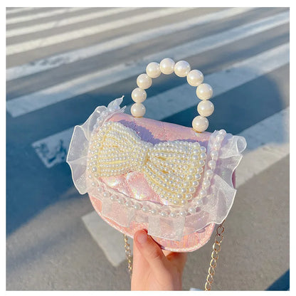 Sweet Cute Bow Children's Shoulder Bag Pearl Handle Baby Girls Small Crossbody Bags Lovely Princess Accessories Purse Handbags