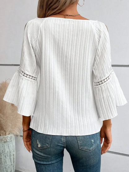 Spring and Autumn Women's Plus Size Fashion Slimming Off Off Shoulder Solid Color T-shirt Lace Patch Fluffy Sleeve Casual Shirt