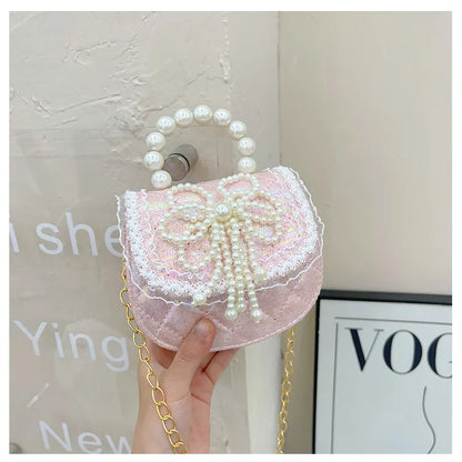 Sweet Cute Bow Children's Shoulder Bag Pearl Handle Baby Girls Small Crossbody Bags Lovely Princess Accessories Purse Handbags