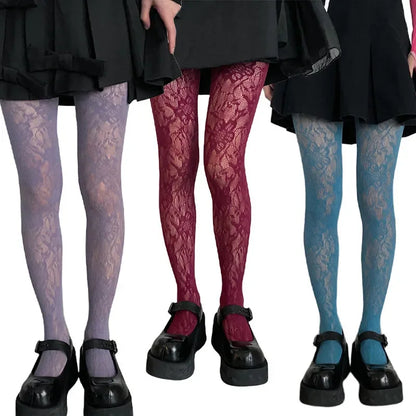 Collant sexy da donna con motivo floreale traforato in stile Y2k, a rete, in rosso vino, per ragazze hot, JK, leggings elasticizzati alti a vita bassa