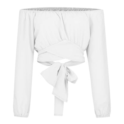 Women Sexy Off Shoulder Blouse Chic and Elegant Printing Lantern Long Sleeve Lace Up Bow Cropped Tops Casual Slim Shirts 2024
