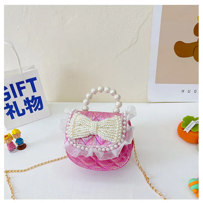 Sweet Cute Bow Children's Shoulder Bag Pearl Handle Baby Girls Small Crossbody Bags Lovely Princess Accessories Purse Handbags